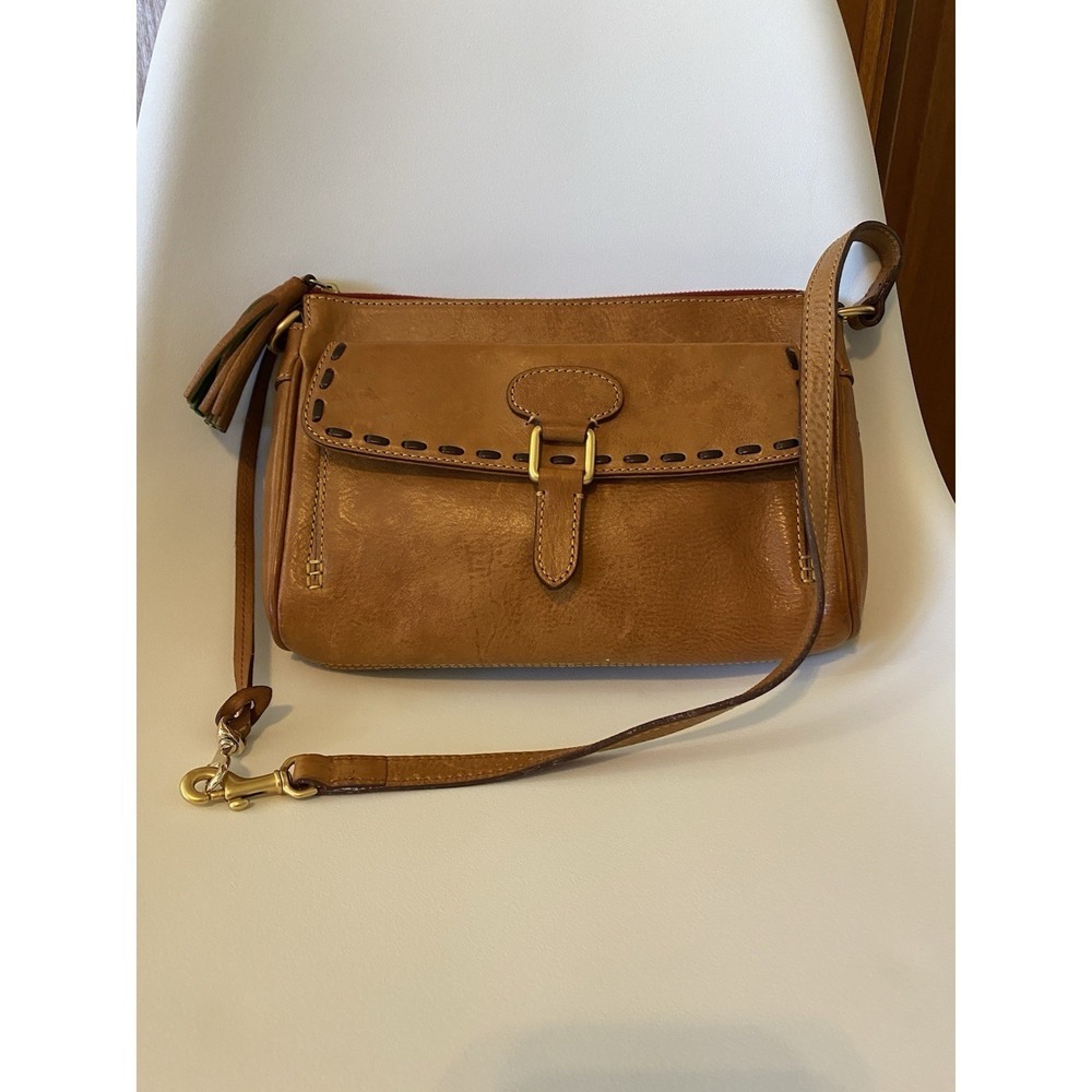 Dooney Bourke Brown Florentine Leather Natural Tassel Clutch Shoulder Bag Purse